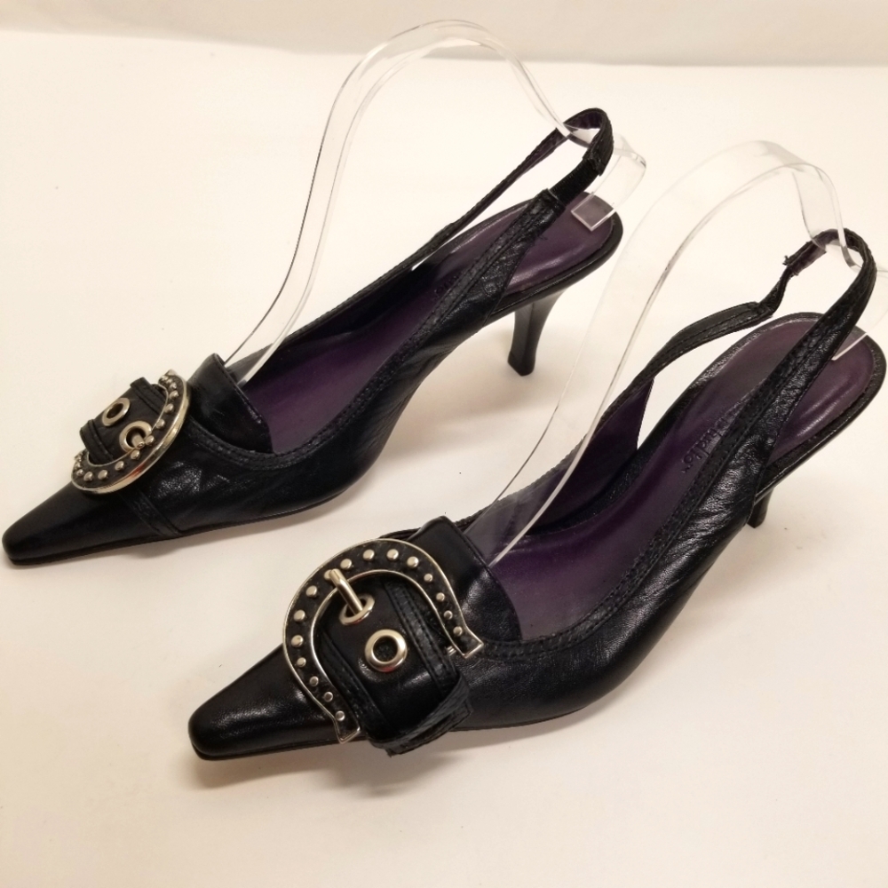 Madison Studio Kiera Womans Size 7M Black Leather Closed Pointed Toe Pumps